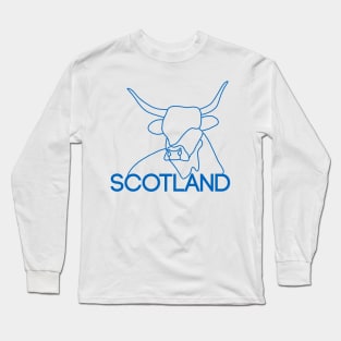 Scottish Highland Cow Continuous Line Drawing (Blue) Long Sleeve T-Shirt